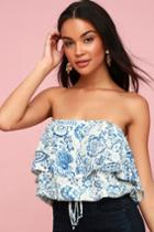 Honey Punch Ukulele Solo Blue Floral Print Strapless Crop Top | Lulus