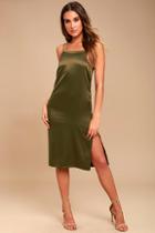 Lulus Keeps Gettin' Better Olive Green Satin Midi Dress