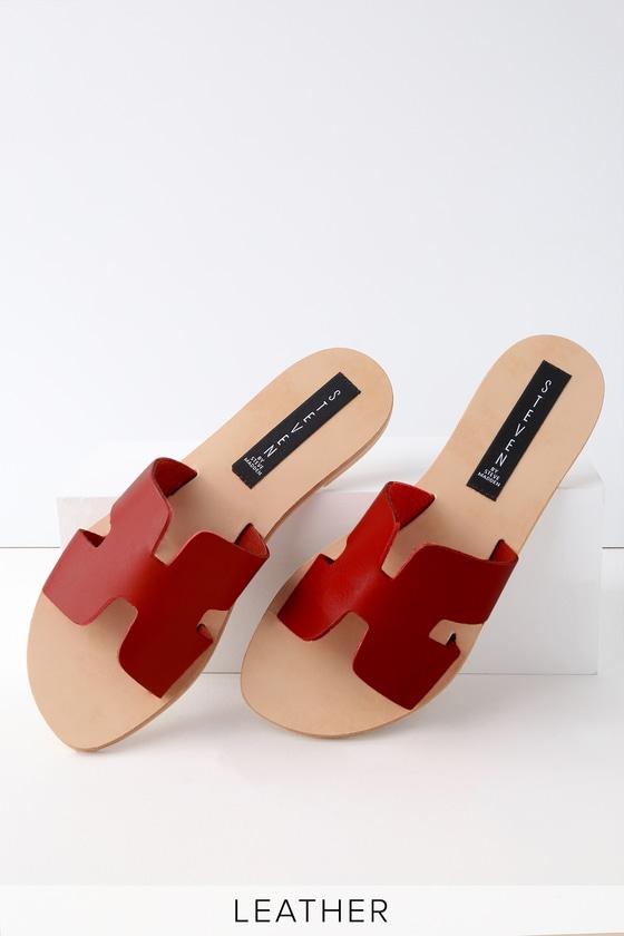 Steven Greece Red Leather Slide Sandal Heels | Lulus