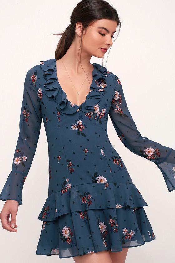 Keepsake Run Free Dark Slate Blue Floral Print Ruffled Long Sleeve Dress | Lulus