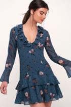 Keepsake Run Free Dark Slate Blue Floral Print Ruffled Long Sleeve Dress | Lulus