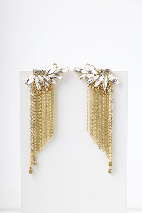 Greatest Fan Gold Rhinestone Earrings | Lulus