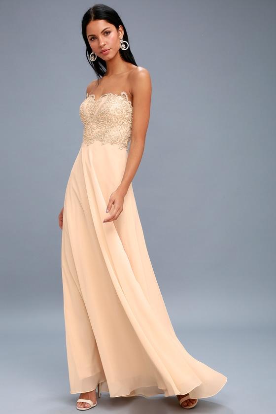 Royal Romance Champagne Strapless Rhinestone Maxi Dress | Lulus