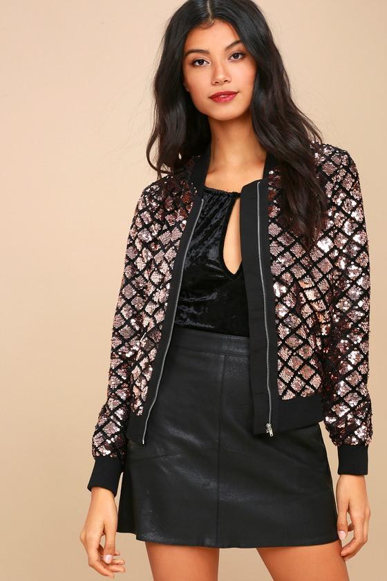 Lulus | Catwalk It Off Rose Gold Velvet Sequin Bomber Jacket | Size Large | Pink | 100% Polyester