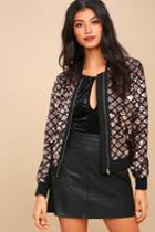 Lulus | Catwalk It Off Rose Gold Velvet Sequin Bomber Jacket | Size Large | Pink | 100% Polyester