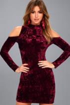 Lulus | A Little Crush Burgundy Velvet Cold-shoulder Bodycon Dress | Size Large | Red | 100% Polyester