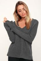 Cozy Cutie Charcoal Grey Knit V-neck Sweater | Lulus
