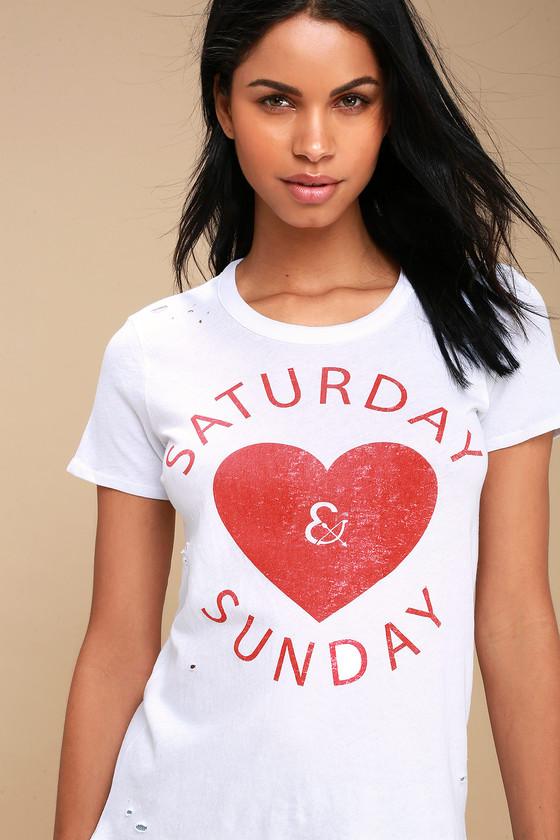 Chaser Saturday And Sunday White Distressed Tee | Lulus