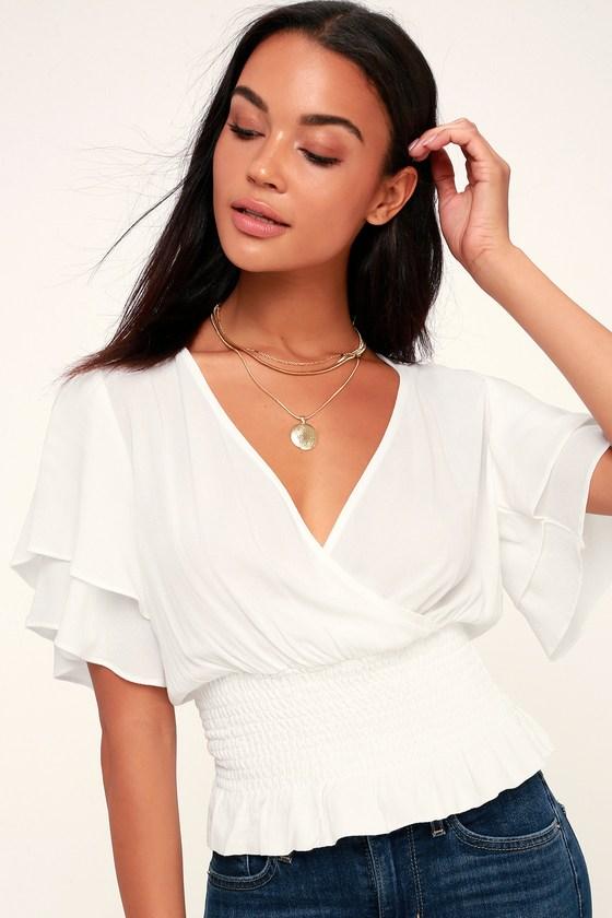 Camelia White Smocked Surplice Top | Lulus