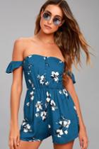 Lush | Exploring Florence Blue Floral Print Off-the-shoulder Romper | Size Large | 100% Rayon | Lulus