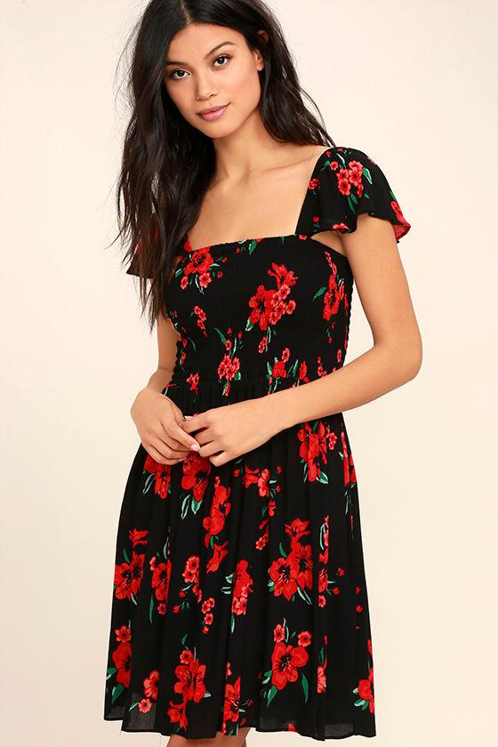 Others Follow | Marabella Red And Black Floral Print Dress | Size X-small | 100% Rayon | Lulus