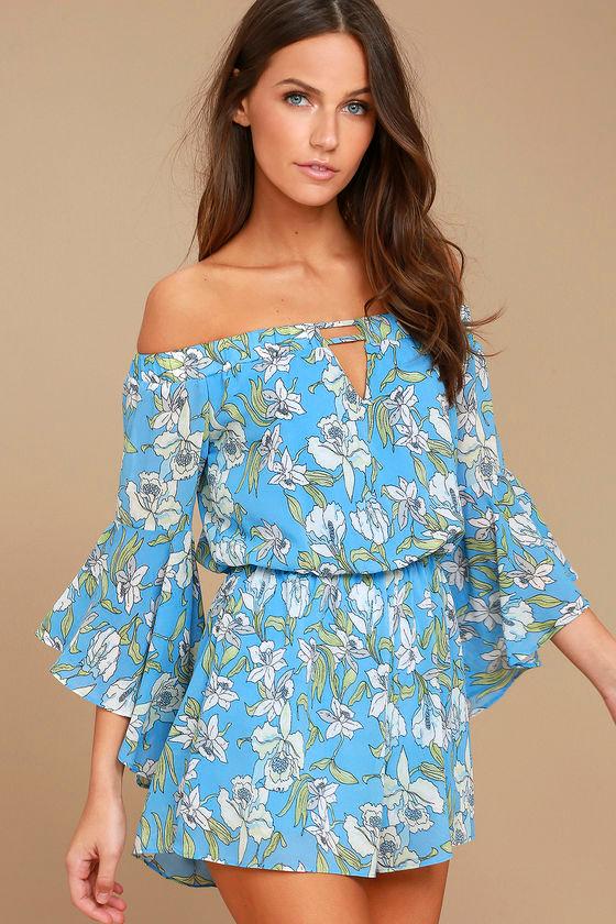 Stay Sweet Light Blue Floral Print Off-the-shoulder Romper | Lulus