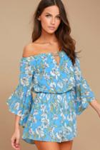 Stay Sweet Light Blue Floral Print Off-the-shoulder Romper | Lulus