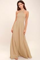 Lulus | Air Of Romance Nude Maxi Dress | Size X-small | Brown | 100% Polyester