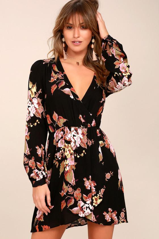 Lulus | In Bloom Black Floral Print Wrap Dress | Size Medium | 100% Polyester