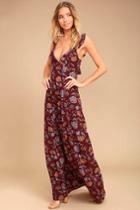 Lulus | Simple Pleasure Burgundy Floral Print Maxi Dress | Size Large | Purple | 100% Polyester