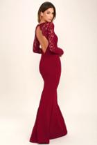 Lulus | Whenever You Call Wine Red Lace Maxi Dress | Size X-small | 100% Polyester