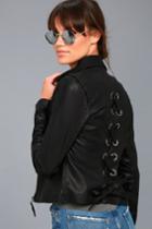 Lulus | Rebel Rebel Black Vegan Leather Lace-up Moto Jacket | Size Medium | 100% Polyester | Vegan Friendly