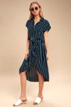 Billabong So Right Navy Blue Striped Wrap Midi Skirt | Lulus