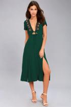Lulus | Into Versailles Forest Green Embroidered Midi Dress | Size Large | 100% Polyester