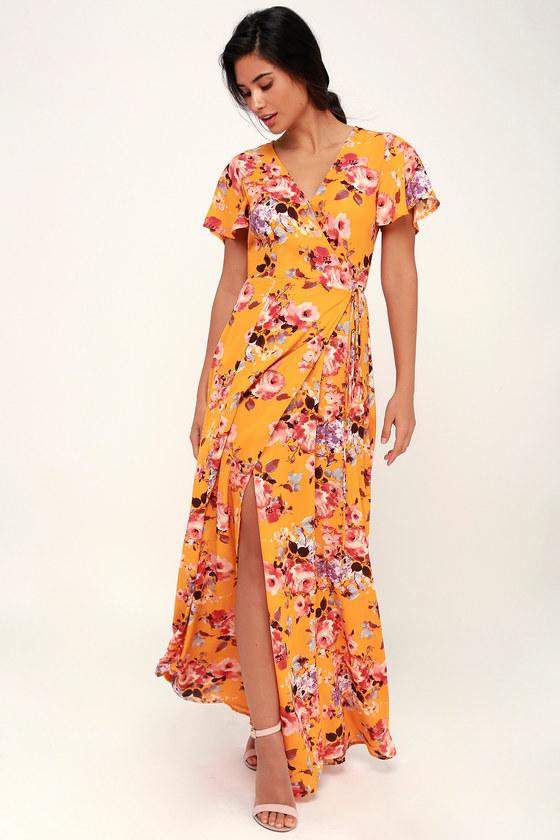 Rokoko Blossom Kind Of Wonderful Yellow Floral Print Wrap Maxi Dress | Lulus