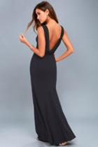 Lulus | Into The Night Navy Blue Backless Maxi Dress | Size Large | 100% Polyester