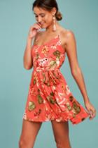 Lulus | Ulani Rusty Rose Floral Print Skater Dress | Size Large | Pink | 100% Polyester