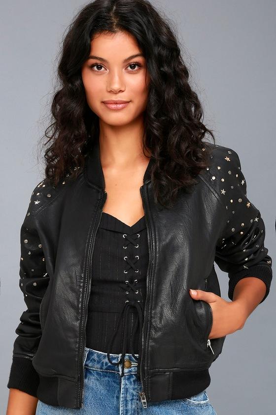 Blank Nyc | Starry Eyed Black Vegan Leather Studded Bomber Jacket | Size X-small | 100% Polyester | Vegan Friendly | Lulus