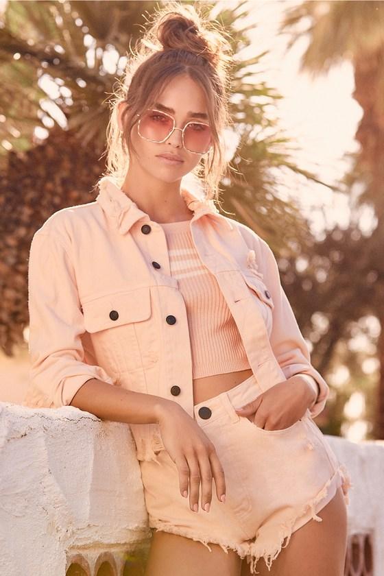 Signature 8 Castro Blush Pink Distressed Denim Cropped Jacket | Lulus