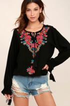 Lulus Merrymaking Black Embroidered Long Sleeve Top