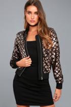 Lulus | Catwalk It Off Rose Gold Velvet Sequin Bomber Jacket | Size Medium | Pink | 100% Polyester
