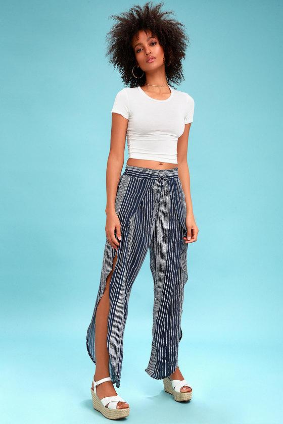 Lucy Love Scallop Navy Blue Striped Wide-leg Pants | Lulus