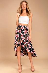 Lulus Mi Isla Navy Blue Floral Print High-low Skirt
