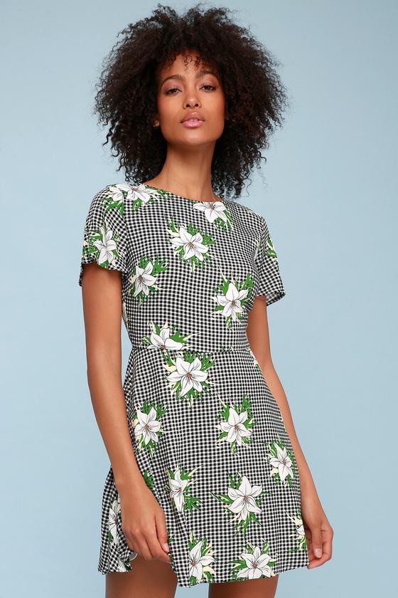 Picnic Please Black And White Gingham Floral Print Dress | Lulus