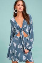 Lulus Make It Real Denim Blue Floral Print Skater Skirt