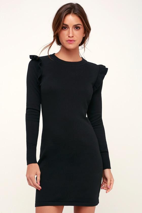 Sweater Weather Black Ruffled Long Sleeve Sweater Dress | Lulus
