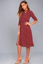 Lulus | Save A Spot Burgundy Polka Dot Long Sleeve Midi Dress | Size Medium | Red | 100% Polyester