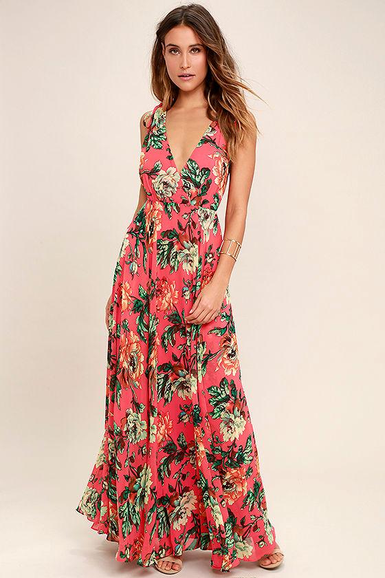 Lulus | Countryside Manor Coral Red Floral Print Maxi Dress | Size Medium | 100% Polyester