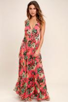 Lulus | Countryside Manor Coral Red Floral Print Maxi Dress | Size Medium | 100% Polyester