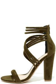 Shoe Republic La Sassy Swagger Olive Suede Caged Heels