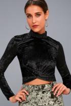 Lulus | Nice To Meet You Black Velvet Mock Neck Crop Top | Size Large