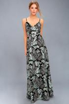 Lulus | Night Blooms Black Embroidered Lace Maxi Dress | Size Large | 100% Polyester