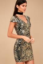 Lulus | Elegant Affair Black And Gold Sequin Print Bodycon Dress | Size X-small | 100% Polyester