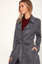 Morning Chill Blue Grey Suede Trench Coat | Lulus