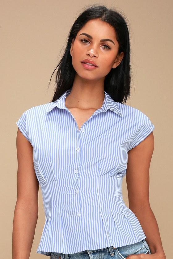Serious Business Blue And White Striped Button-up Peplum Top | Lulus