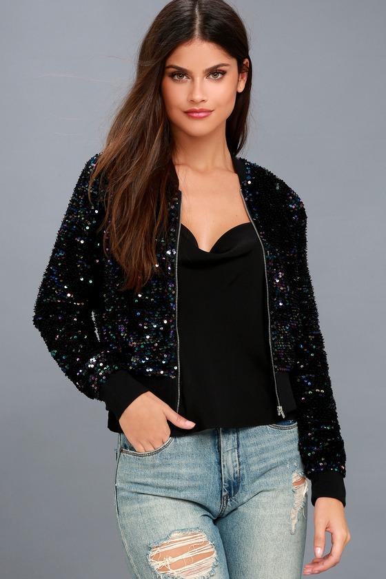 All Eyes On You Navy Blue Multi Sequin Bomber Jacket | Lulus