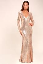 Lulus | Capture The Moon Rose Gold Long Sleeve Sequin Maxi Dress | Size Large | 100% Polyester