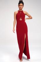 Can't Take My Eyes Off Of You Wine Red Lace-up Halter Maxi Dress | Lulus