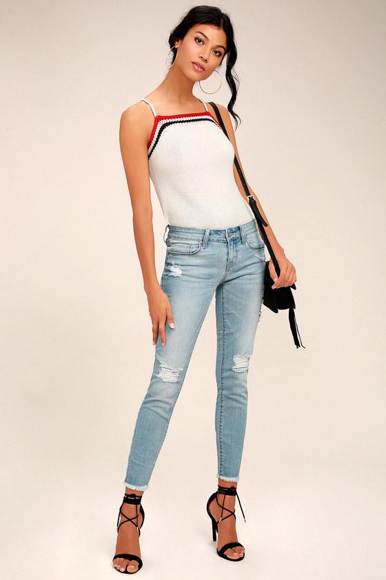 Eunina | Kitty Light Wash Distressed Skinny Jeans | Size 7 | Blue | Lulus