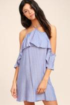 Lulus Ready Or Yacht Blue Striped Off-the-shoulder Dress